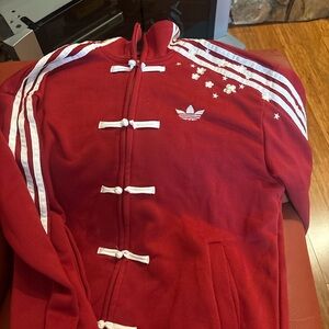 adidas style Red Zip-Up Jacket with White Trim